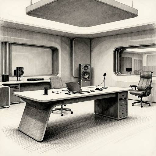 Black-and-white digital illustration of a modern, minimalist office with a sleek, angular desk, two chairs, speakers, and a laptop.