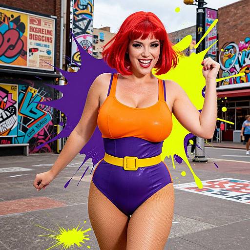 Digital artwork of a red-haired woman in an orange and purple high-waisted swimsuit, smiling, with vibrant graffiti background and splashes.