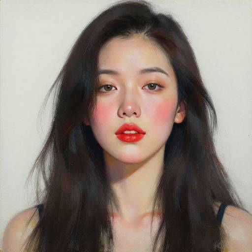Digital portrait of an East Asian woman with long, dark hair, red lipstick, and flushed cheeks, wearing a black strap top, against a white background