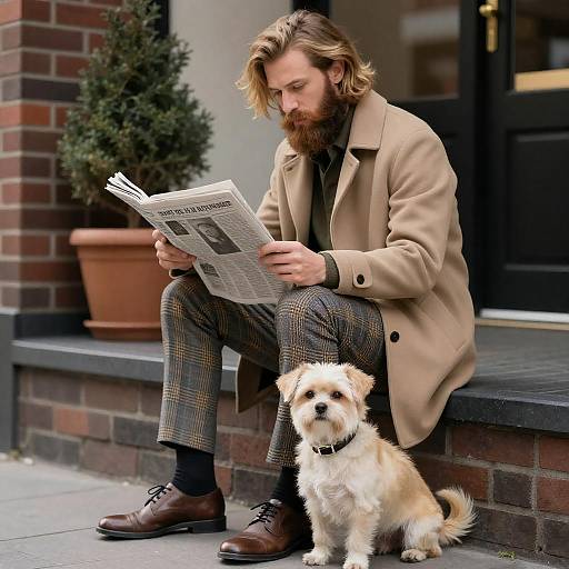 Bearded Man Reading on Brick Ledge