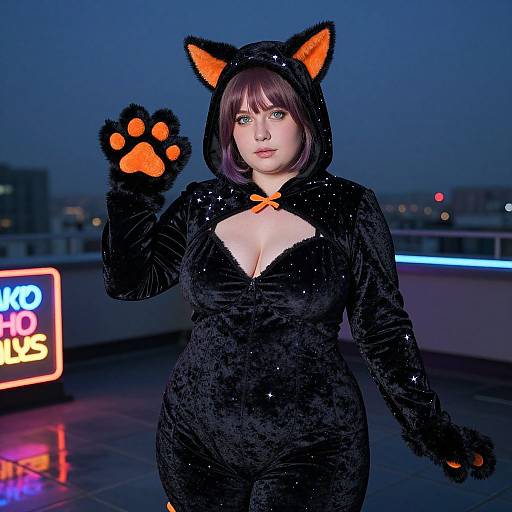 Plus Size Midnight Kitty on Rooftop