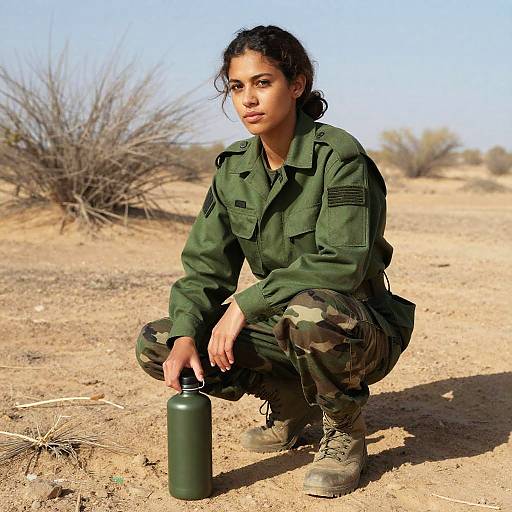 Photograph of a young woman with dark hair, wearing a green military uniform and camouflage pants, crouching in a desert, holding a green water