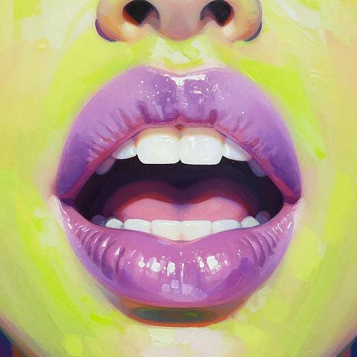 Close-up photograph of a person's open mouth with vivid purple glossy lips, white teeth, and yellowish surrounding skin, emphasizing the lips and teeth.