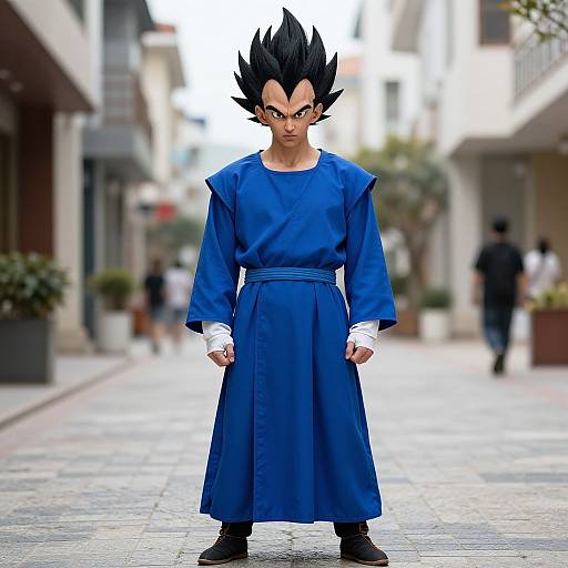 Photograph of a person in a blue Dragon Ball Z outfit standing on a sunny, blurred city street, blending anime character with realistic urban setting.