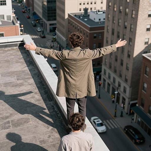 Man Standing on Rooftop Edge in Urban Setting