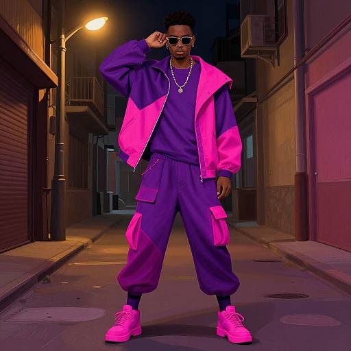 Photograph-style digital art of a black man in a neon pink and purple tracksuit, sunglasses, and pink sneakers, standing confidently in a dimly