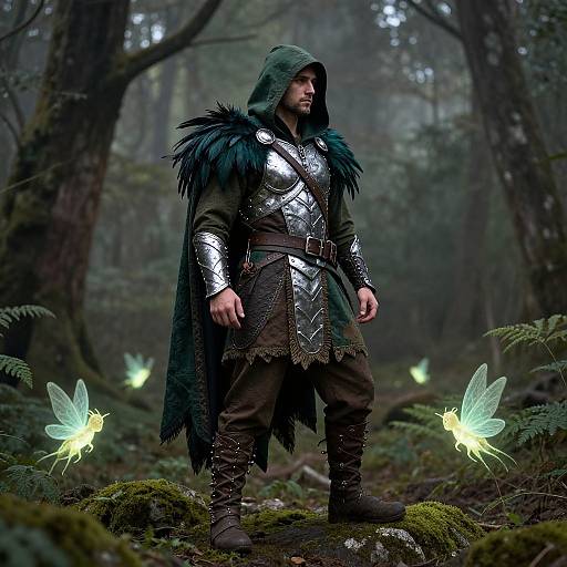 Photograph of a medieval warrior in silver armor and dark green hooded cloak, standing in a misty forest with glowing fairy-like creatures.