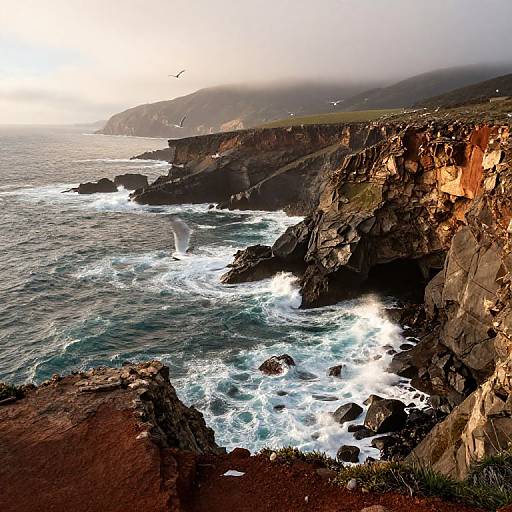 Photograph of rugged coastline with rocky cliffs, crashing waves, and misty hills under a bright, hazy sky at sunset.