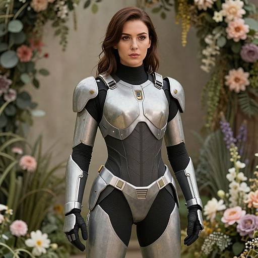 Photograph of a woman in silver and black armored suit, standing in a garden with floral arrangements, looking confident and determined.