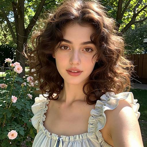 Sunlit Woman in Curly Hair and Ruffles
