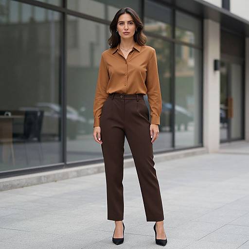 Photograph of a woman with dark hair wearing a brown blouse, high-waisted black pants, and black heels, standing on a city sidewalk in