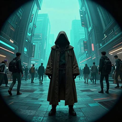 Cyberpunk Cloaked Figure in Plaza