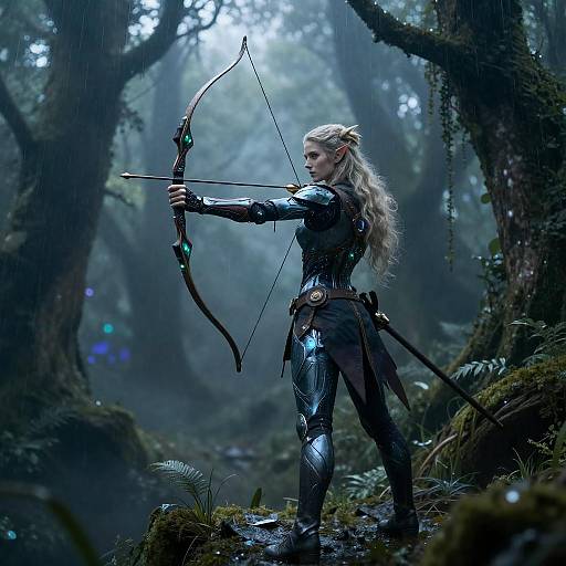 Cybernetic Elven Archer in Bioluminescent Canopy