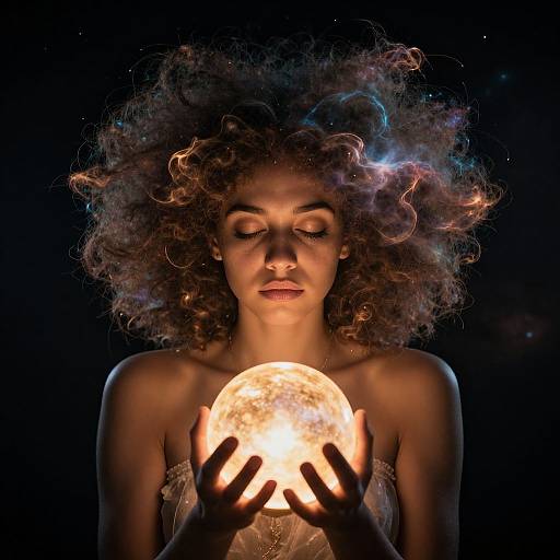 Photograph of a woman with curly hair, holding a glowing, detailed full moon against a black background, with ethereal, colorful smoke surrounding her head
