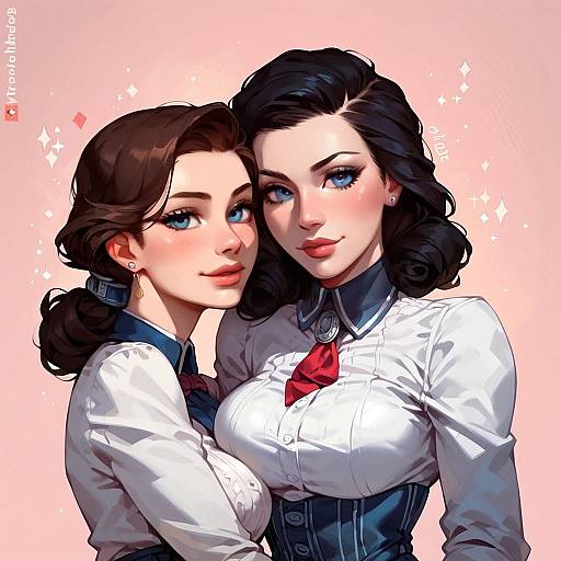 Digital anime-style drawing of two beautiful women with fair skin and blue eyes, wearing white blouses with red bows, black vests, and black wavy