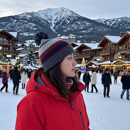 Photograph: Young woman in red jacket and gray striped beanie with black pom-pom, looking right, in snowy mountain village, surrounded by people