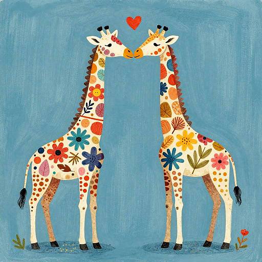 Playful Patchwork Giraffes Nuzzling Hearts