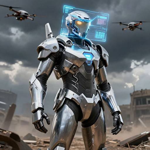 CGI image of a futuristic silver robot with glowing blue holographic display, standing in a ruined, stormy cityscape with two drones in the sky