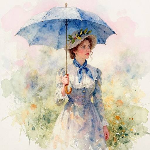 Watercolor painting of a Victorian woman in a blue dress and white bonnet, holding a blue umbrella with sunflowers, standing in a colorful, softly
