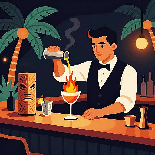 Theatrical Mid-Century Tiki Bartender Collage Scene