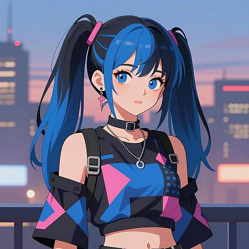 Anime Girl with Blue Hair in Urban Evening Setting