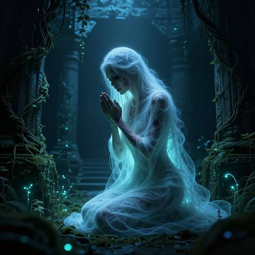 Digital artwork of a glowing, ethereal woman with flowing white-blue hair, kneeling in a dark, mystical forest, praying amid glowing mushrooms.