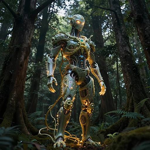 Photorealistic CGI of a glowing, golden humanoid robot standing in a dark, dense forest with tall trees and ferns.