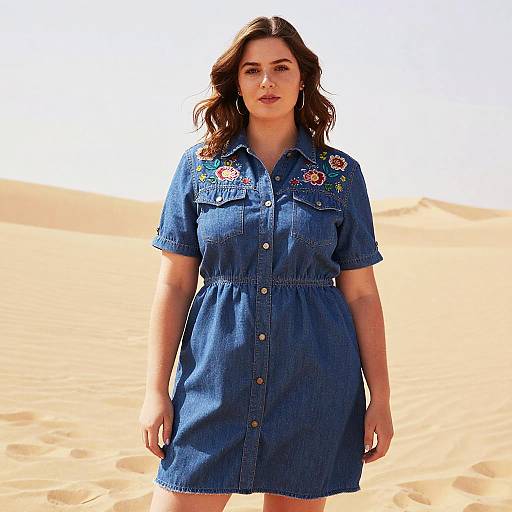 Plus-Size Model in Embroidered Denim Dress in Desert