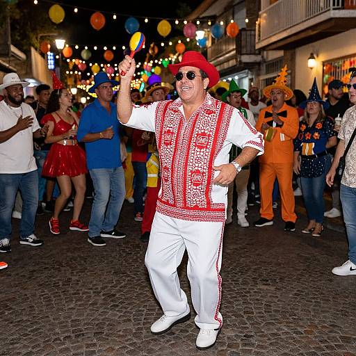 Photograph of a man in white and red traditional outfit, red hat, and sunglasses, dancing on a cobblestone street at night, surrounded by