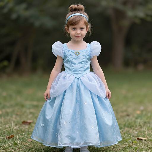 Photograph of a young girl with brown hair in a bun, wearing a light blue, puffed-sleeve, floral-embroidered princess