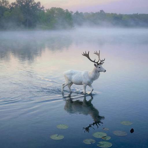 Photograph of a white deer with large antlers standing in a misty, reflective lake, surrounded by lily pads and foggy trees.