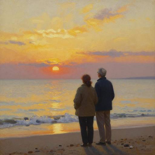 Digital painting of an elderly couple standing on a beach at sunset, facing the orange and yellow sky, with gentle waves in the foreground.