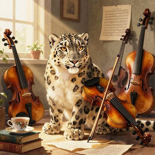 Snow Leopard Violinist in Sunlit Room