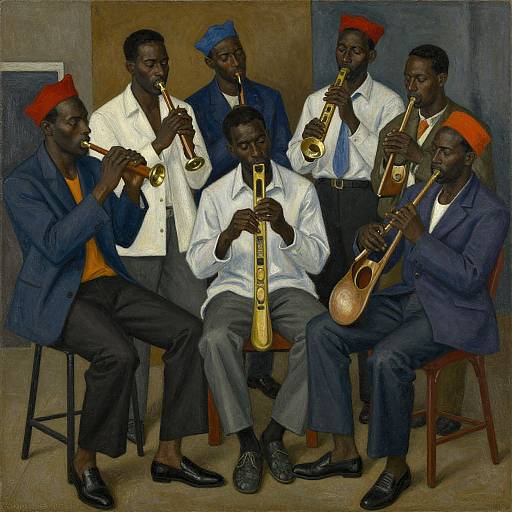 Photograph-style painting of six Black men playing brass and string instruments, wearing white shirts, blue suits, and red hats, seated against a two-ton