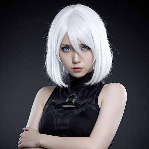 Photorealistic digital portrait of a young woman with striking white hair, blue eyes, and pale skin, wearing a black sleeveless top, arms crossed