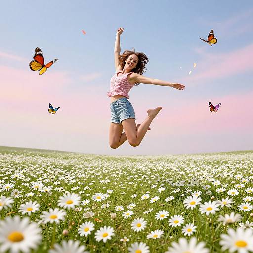 Photograph of a joyful woman with short brown hair, wearing a pink shirt and denim shorts, jumping mid-air in a sunlit field of white d