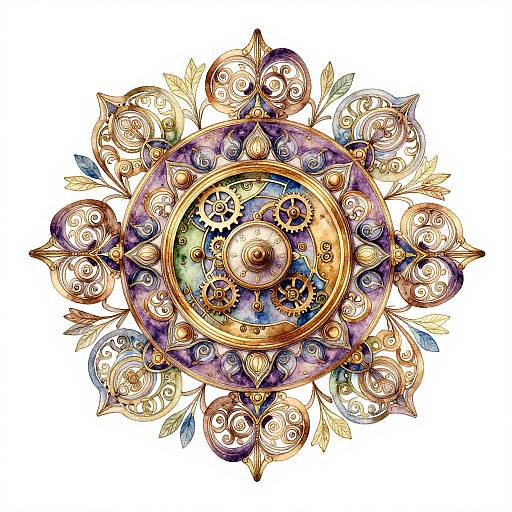 Detailed digital artwork of a symmetrical, ornate clock-like mandala with gold gears, purple and blue swirls, and intricately designed floral patterns