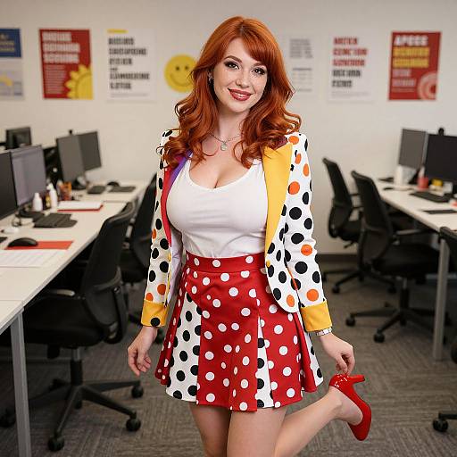 Vibrant Woman in Festive Office Attire