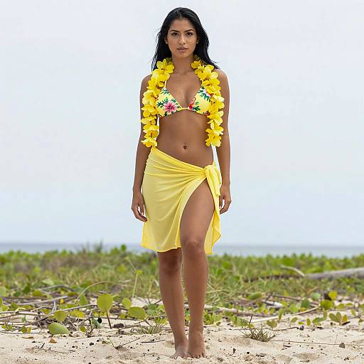 Young Woman in Yellow Lilo Costume on Beach