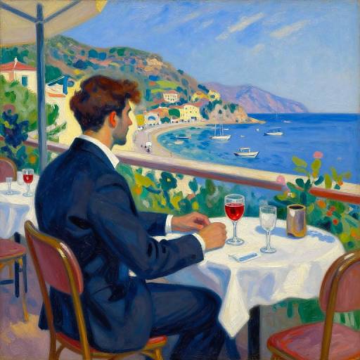 Impressionist-style painting of a man in a dark suit, sitting at a seaside café table with wine, overlooking a vibrant coastal village and blue ocean