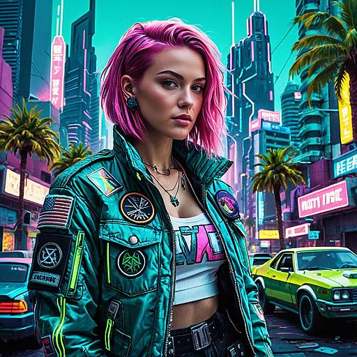 Cyberpunk Woman with Pink Hair in Futuristic City