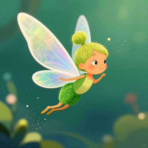 Digital illustration of a cute, blonde fairy with green dress, translucent wings, and bun hairstyle, flying in a green, glowing underwater scene.