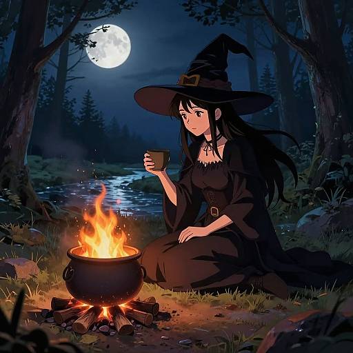 Anime-style drawing of a black-haired witch in a black dress and hat, sitting by a campfire under a full moon in a forest. She holds
