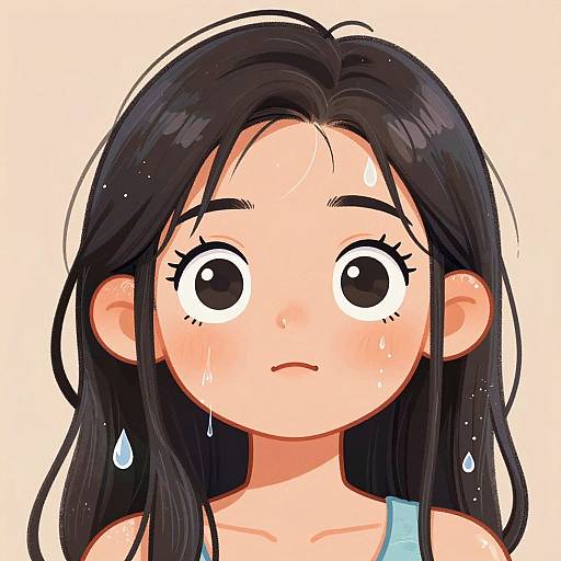 Anime-style digital drawing of a surprised young girl with large, wide eyes, black hair, sweat drops, and a blue tank top.