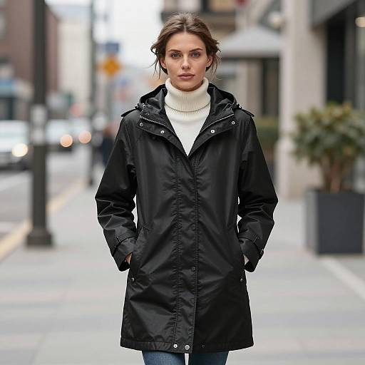 Woman in Black Waterproof Coat on City Street