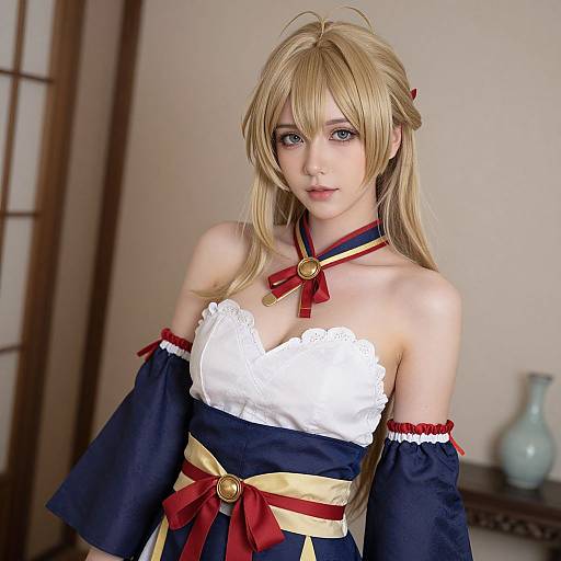 Digital anime-style photograph of a blonde woman in a blue and white off-shoulder cosplay outfit with red ribbons and gold accents, standing indoors.