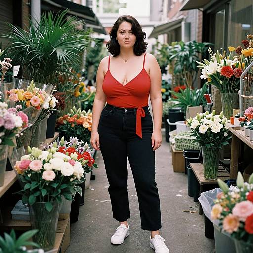 Photograph of a curvy woman with dark wavy hair, wearing a red spaghetti-strap top, black pants, white sneakers, standing in a