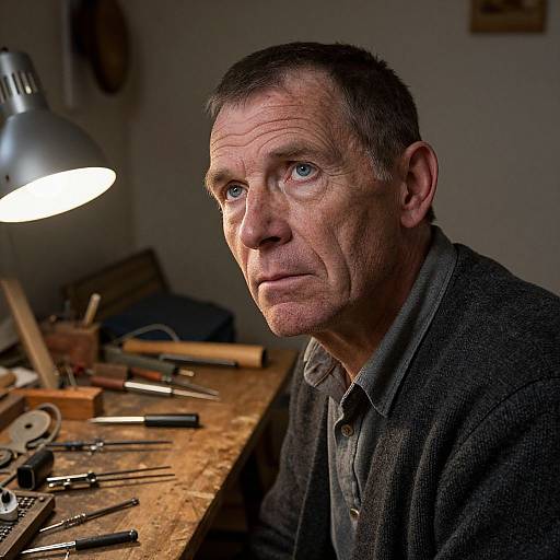 Photograph of an older man with wrinkled skin, short gray hair, and blue eyes, sitting at a cluttered wooden workbench under a bright