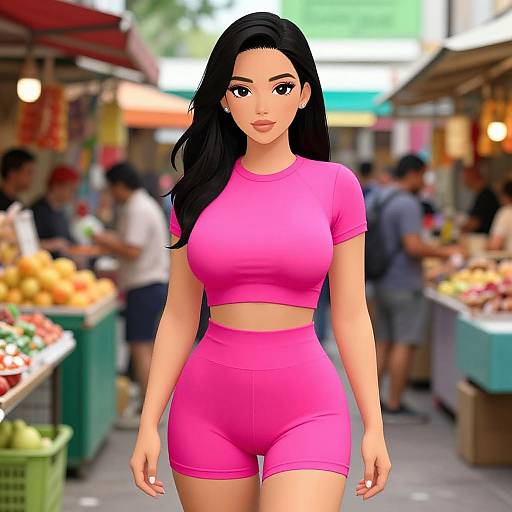 Digital art of a curvy woman with long black hair, wearing a tight pink crop top and shorts, standing in a bustling outdoor market. Blurred