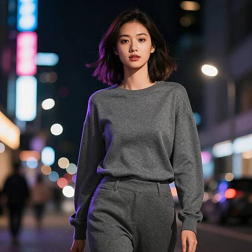 Photograph of an Asian woman with shoulder-length black hair, wearing a gray sweatshirt and matching pants, walking confidently at night in a brightly lit,